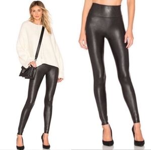 SPANX Women's High Waisted Faux Leather Leggings Size M‎ Black Wide Waistband